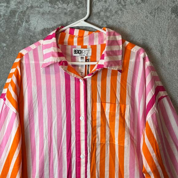 Beach Riot Alexa Striped Button Up‎ Shirt Swim Cover Pink Women Large Cotton New - Picture 6 of 6
